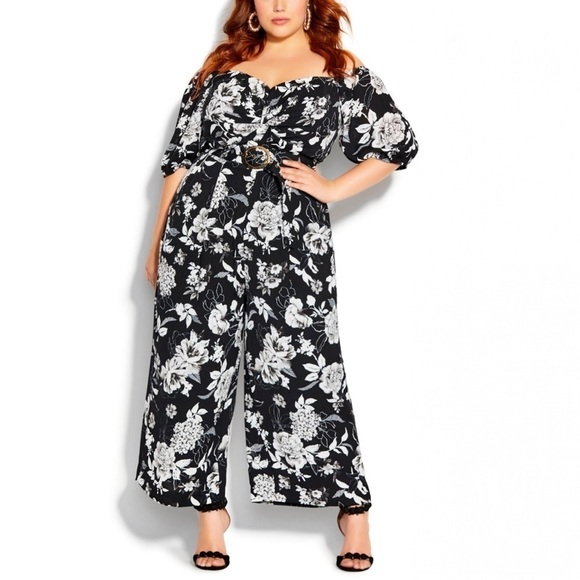 NWT City Chic Mod Floral Off Shoulder Belted jumpsuit Black/White - Picture 2 of 6